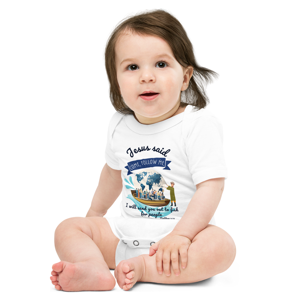Jesus said, "Come follow me,I will send you out to fish for people" Matthew 4:19 Christian Baby short sleeve one piece