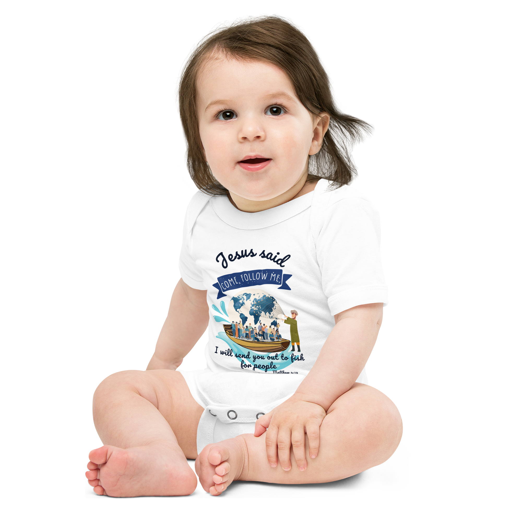 Jesus said, "Come follow me,I will send you out to fish for people" Matthew 4:19 Christian Baby short sleeve one piece