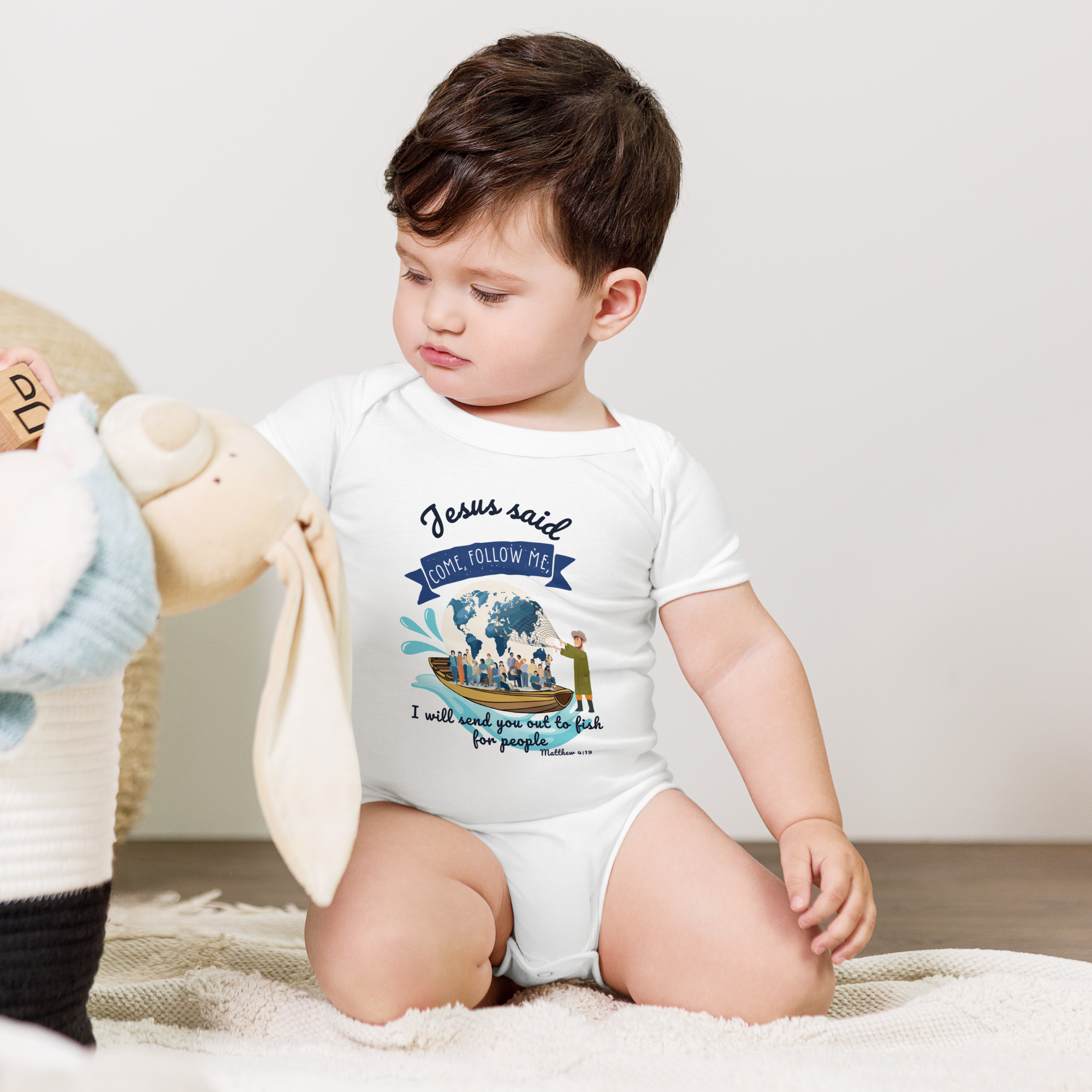 Jesus said, "Come follow me,I will send you out to fish for people" Matthew 4:19 Christian Baby short sleeve one piece