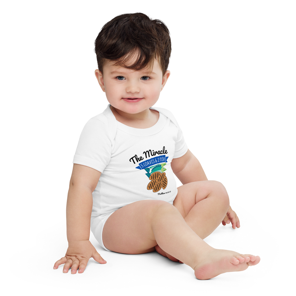 The Miracle Jesus feeds the 5000 Five loaves, 2 Fish Matthew 14:13-21 Christian Unisex Baby short sleeve one piece