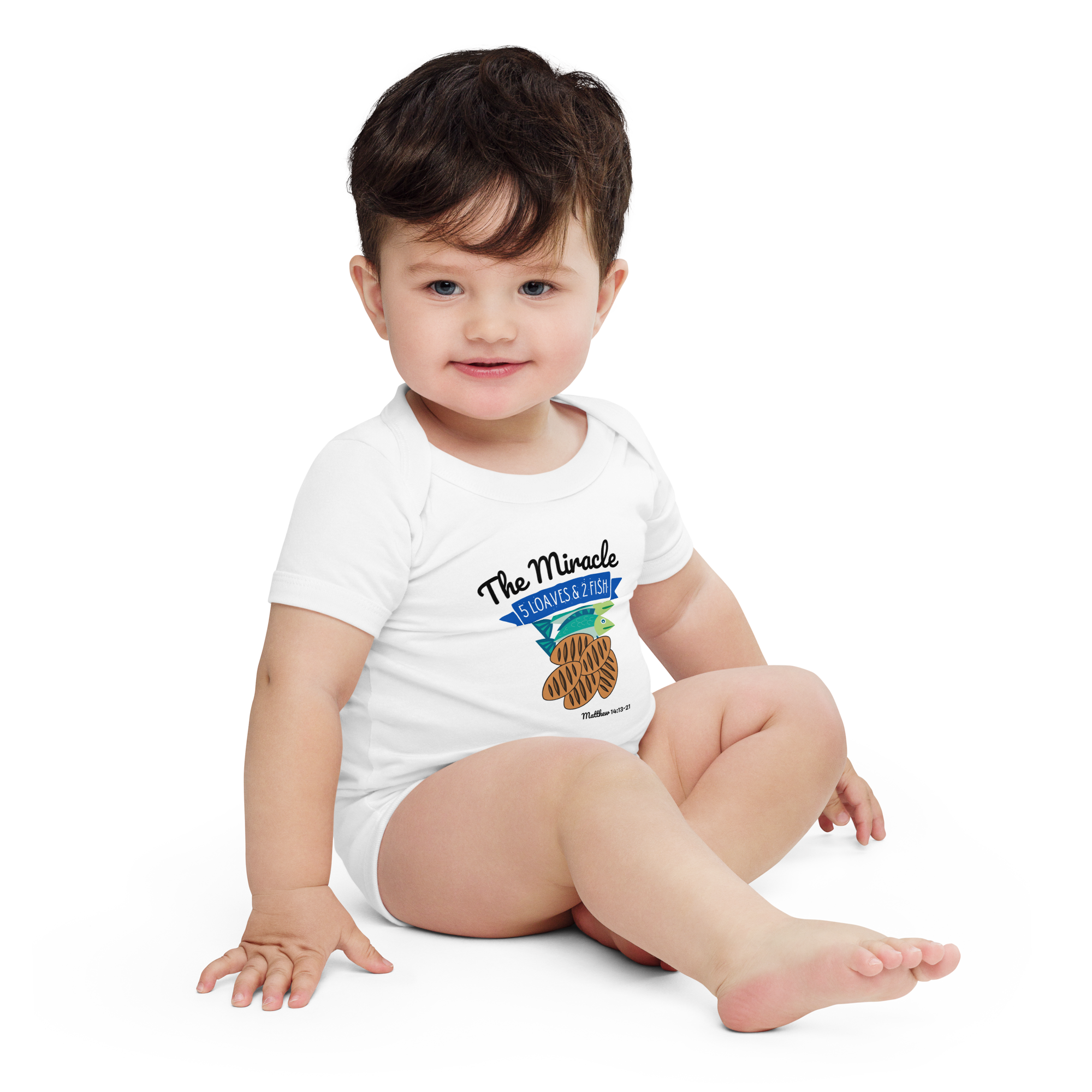The Miracle Jesus feeds the 5000 Five loaves, 2 Fish Matthew 14:13-21 Christian Unisex Baby short sleeve one piece
