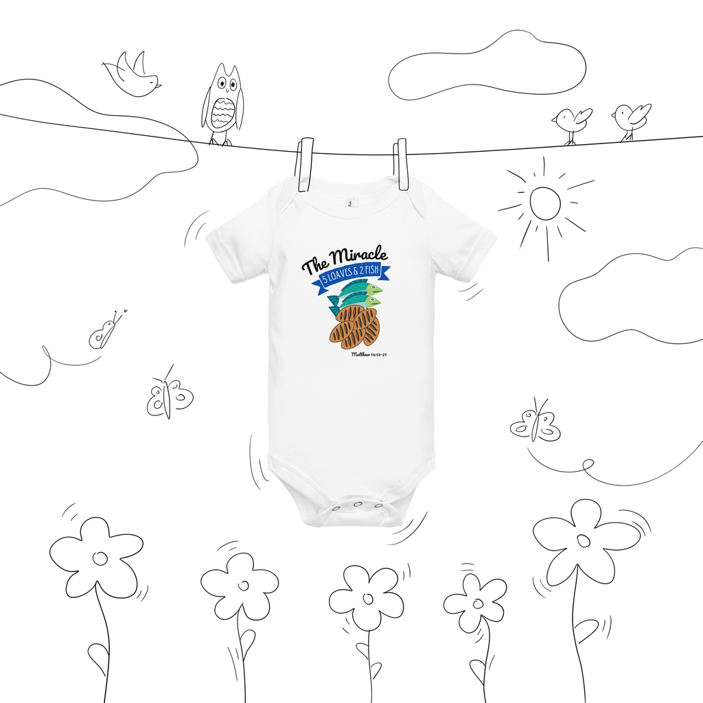The Miracle Jesus feeds the 5000 Five loaves, 2 Fish Matthew 14:13-21 Christian Unisex Baby short sleeve one piece