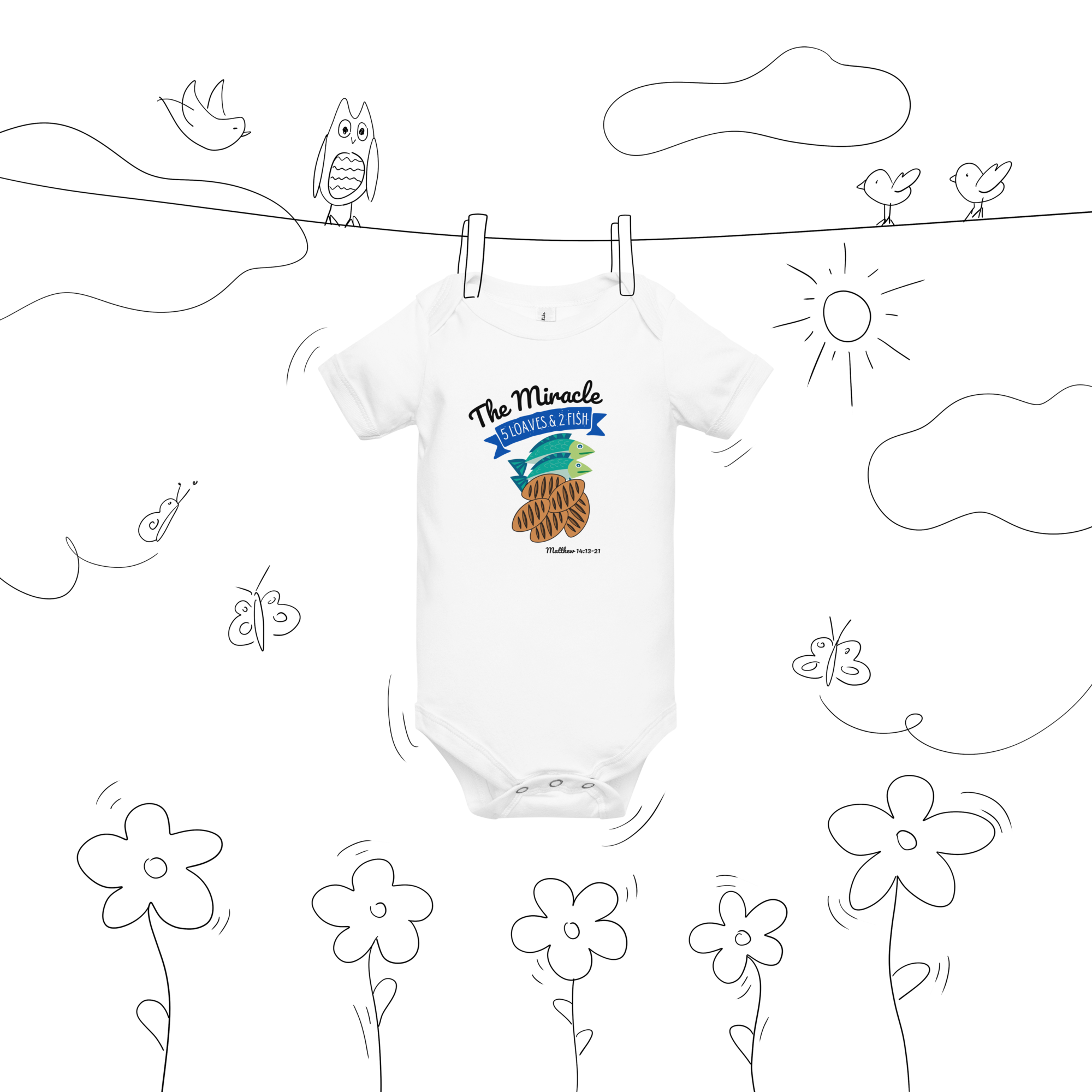 The Miracle Jesus feeds the 5000 Five loaves, 2 Fish Matthew 14:13-21 Christian Unisex Baby short sleeve one piece