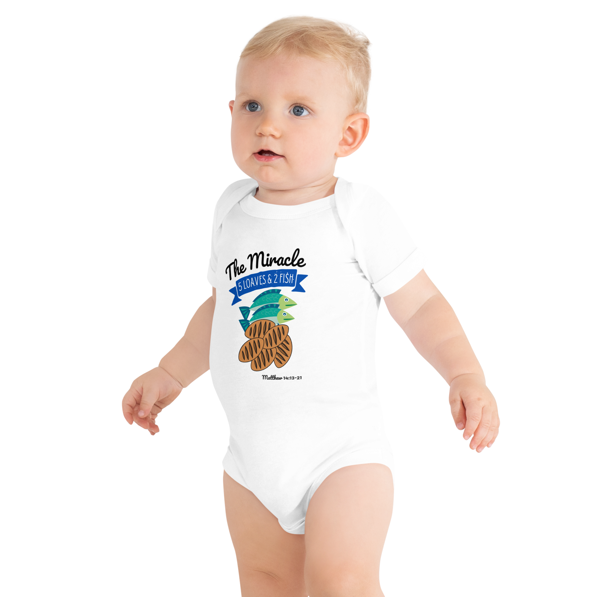 The Miracle Jesus feeds the 5000 Five loaves, 2 Fish Matthew 14:13-21 Christian Unisex Baby short sleeve one piece